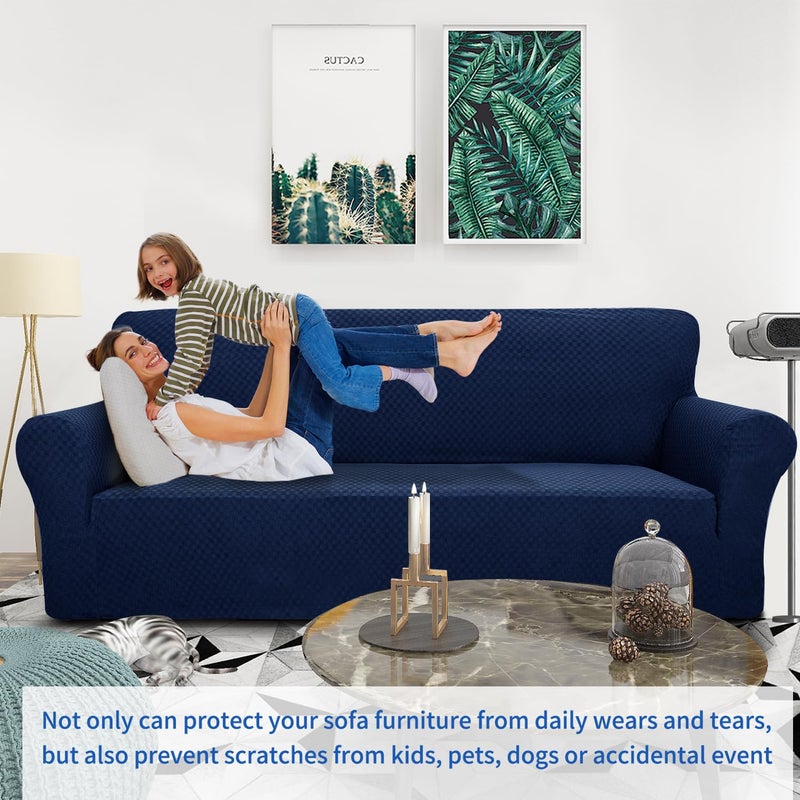 ZNSAYOTX 1 Piece Jacquard Couch Covers for 3 Cushion Couch Living Room High Stretch Sofa Cover Pets Dogs Friendly Anti Slip Thickened Slipcovers Furniture Protector (Sofa, Navy Blue) - Image 2